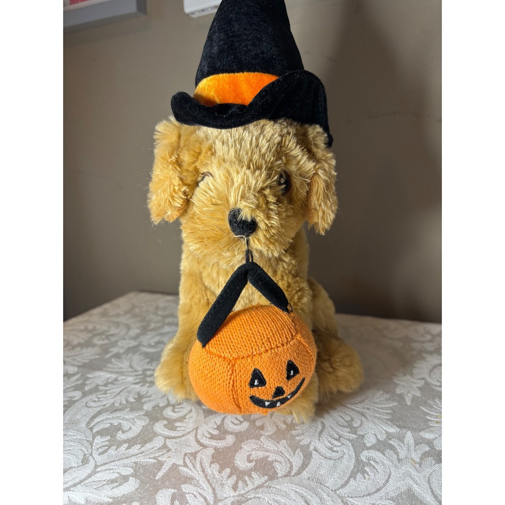 Halloween Golden Retriever Plush Dog with Witch Hat and Pumpkin Pail Decor